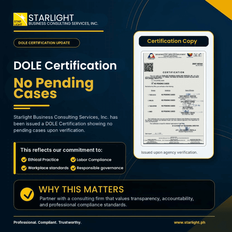 Starlight Receives DOLE Certification of No Pending Cases